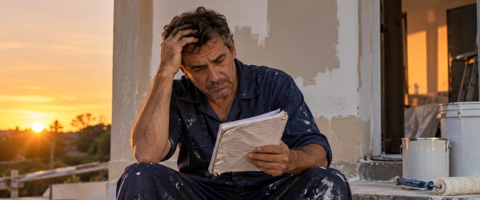 Pintor no fim do dia, sentado no degrau da obra, olhando o caderno de anotações com ar cansado.