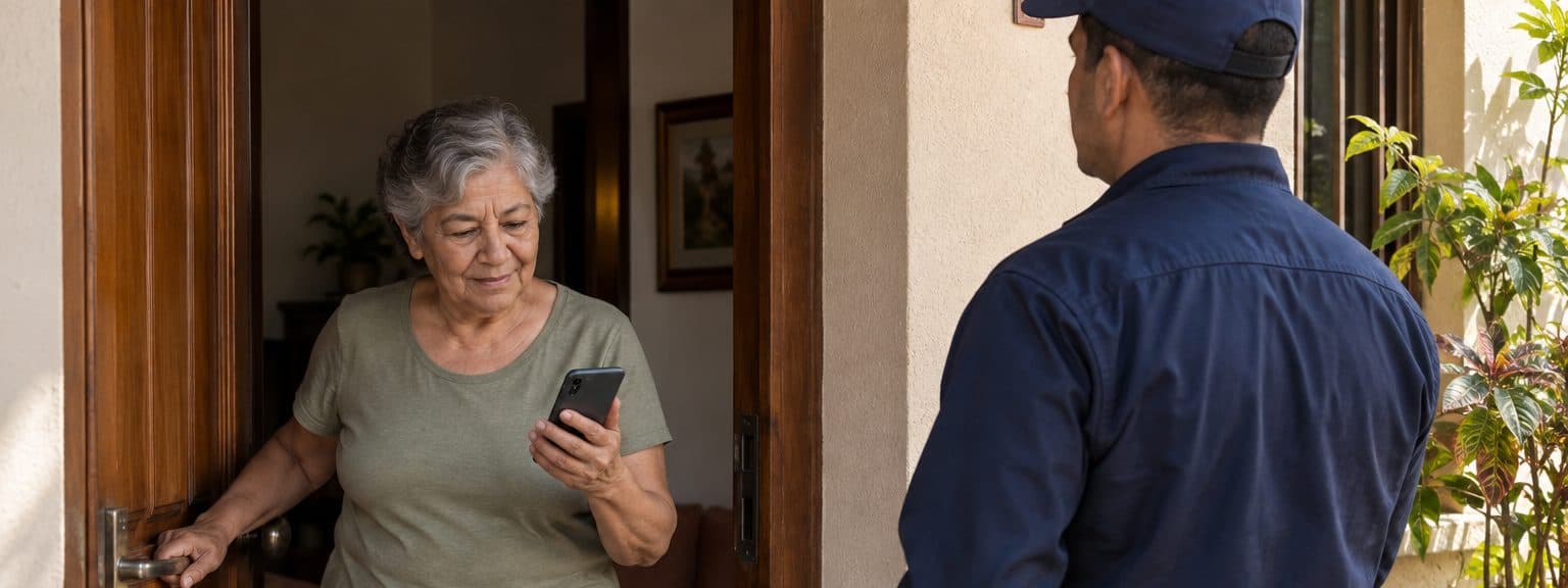Senhora abrindo a porta de casa para o profissional de uniforme, conferindo o celular.